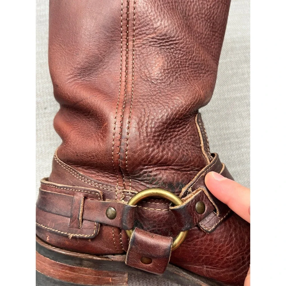 Frye Harness 12R Boots Mens 11 Brown Leather Biker Western Square Toe Distressed